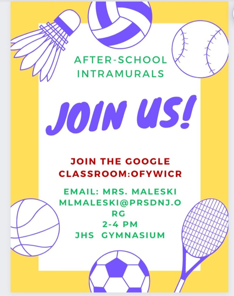 pinelandsjhs's tweet photo. Interested in participating in some after school activities...Well consider staying for intramurals. If you have questions please email Mrs. Maleski at mlmaleski@prsdnj.org, sign up utilizing this link https://t.co/H2UerVbRE8 or join the Google Classroo… https://t.co/v2LKeE8A2a https://t.co/JQ88nuyNum