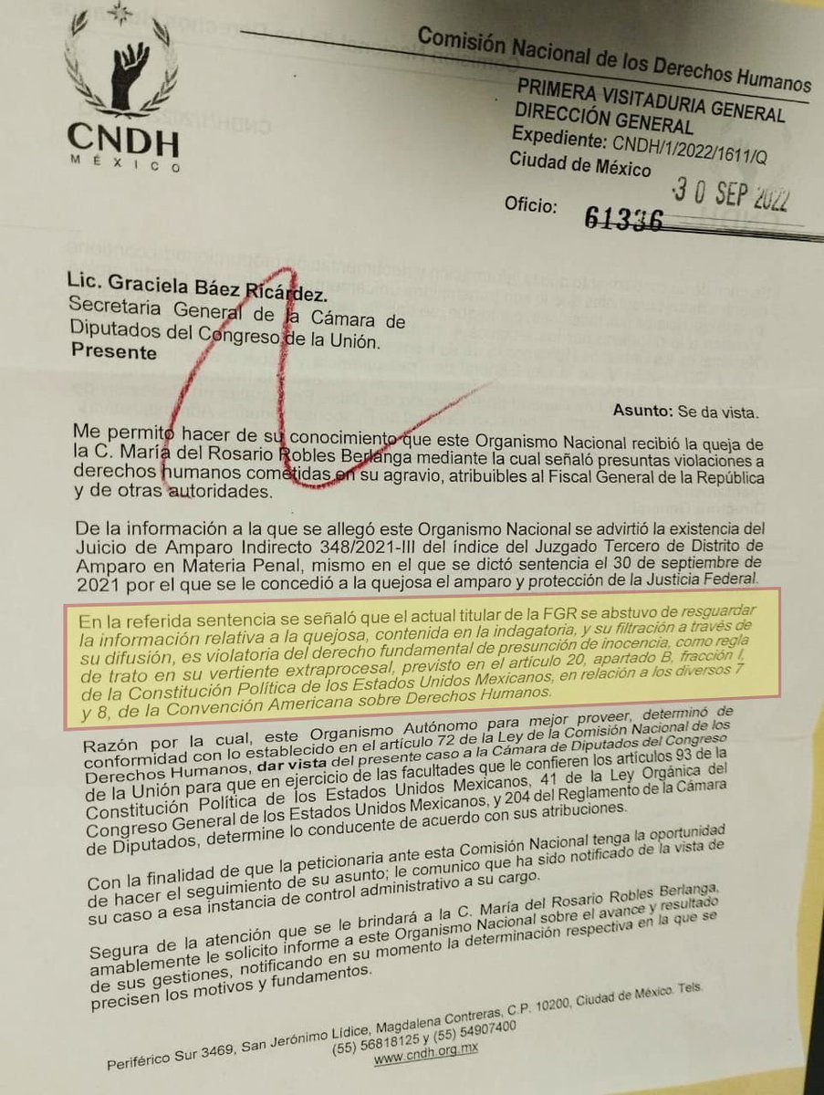 Rosario_Robles_'s tweet photo. Hoy me entero por correo que desde 09/22 la @CNDH resolvió que el Fiscal  #GertzManero violó mi presunción de inocencia. Aquí el documento dirigido a la @Mx_Diputados para que actúe conforme a sus atribuciones. 
Deseo saber que se ha hecho al respecto en dicha instancia. https://t.co/YDztvI3NtG