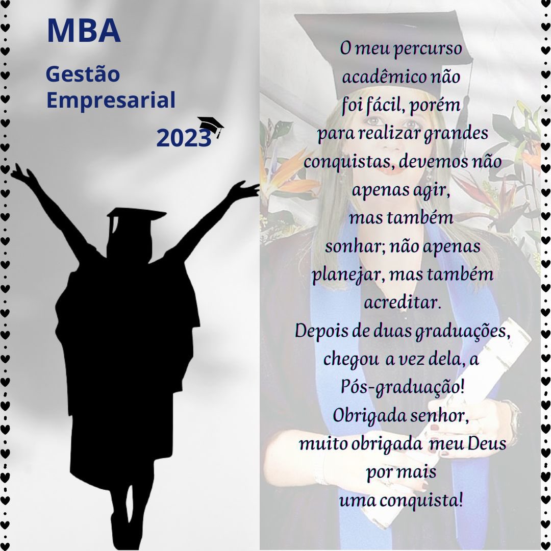 Depois de duas graduações, chegou  a vez dela, a Pós-graduação!
Obrigada senhor, 
muito obrigada meu Deus por mais 
uma conquista! 👩‍🎓✨ #posgradruacao #mbagestaoempresarial #studygram #gestaofinanceira #gestaorh #formada🎓 #faculdade #universidade #foco #sucesso