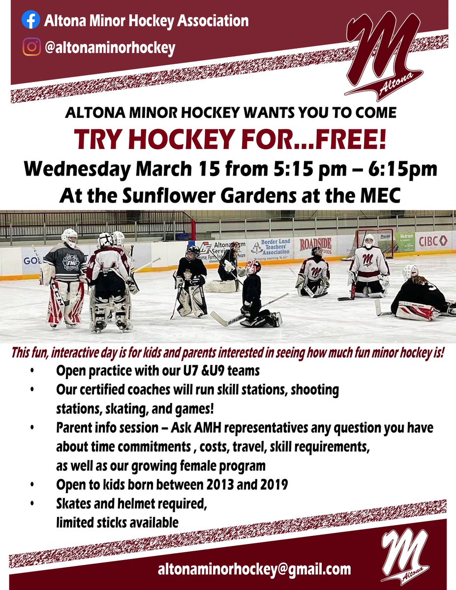 Have you ever wanted to try hockey. Now is your chance. AMH is having a try hockey for free practice for any kid interested in hockey. Come out give it a try. Parents come and ask any questions or concerns you may have.