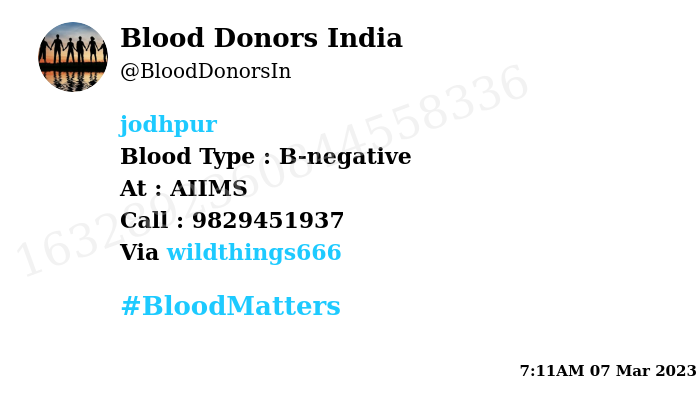#SOS #Jodhpur Need #Blood Type : B-negative Blood Component : Blood Number of Units : 5 Primary Number : 9829451937 Via: @wildthings666 #BloodMatters