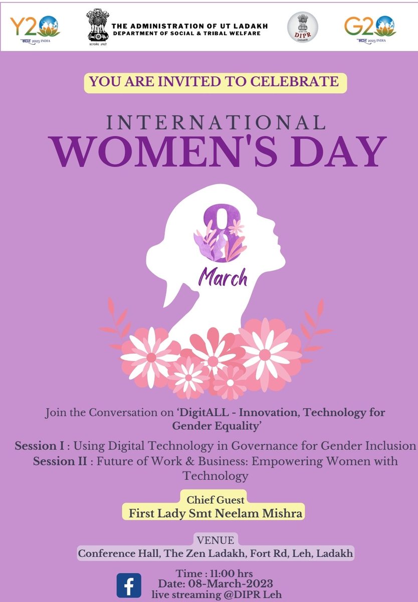 LadakhSecretary's tweet photo. Join d live conversation with Hon'ble First Lady Smt Neelam Mishra &amp; 16 other women of #Ladakh on how digital technology can bring about gender inclusion Post your questions #InternationalWomensDay2023 
@MinistryWCD @lg_ladakh @PIBSrinagar @PIBHomeAffairs @DIPR_Leh @DIPR_Kargil https://t.co/HgfKy3oBB1
