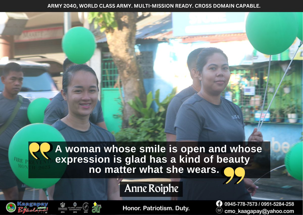 9CMOBattalion's tweet photo. QUOTE OF THE DAY ll
"A woman whose smile is open and whose expression is glad has a kind of beauty no matter what she wears." - Anne Roiphe
#KaagapayNgMgaBikolano
#StrongArmyStrongNation
#AFPyoucanTRUST https://t.co/MPapOmpWNT