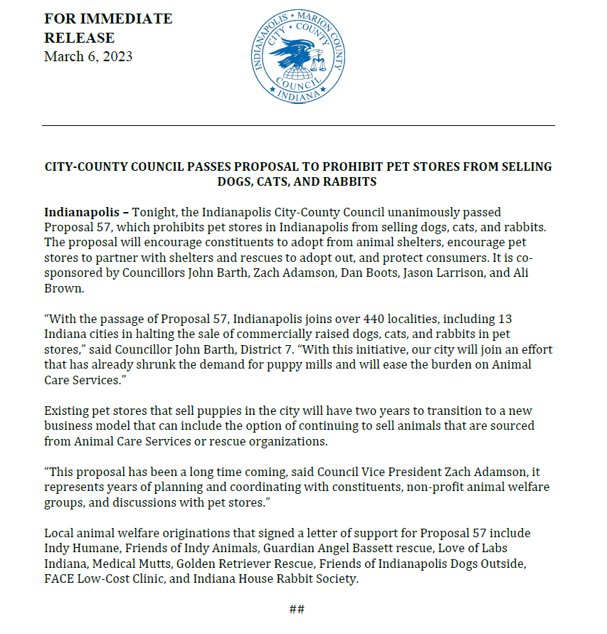 IndyCouncil's tweet photo. Tonight, the Indianapolis City-County Council unanimously passed Proposal 57, which prohibits pet stores in Indianapolis from selling dogs, cats, and rabbits. https://t.co/2QKIlsZcnQ