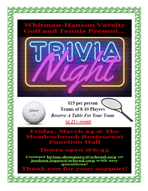 After a 3 year hiatus, Panther Trivia is back! This year, the Golf and Tennis Squads are teaming up to raise money for both programs. 

If you are unable to make it, but know of anyone who is able to or are interesting in donating a raffle prize, please reach out to either coach!