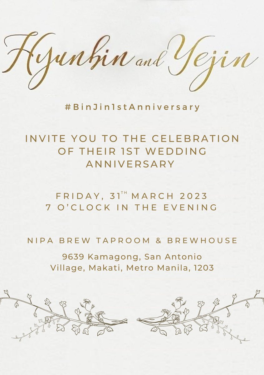 sonhyun6's tweet photo. ❗BINJIN FAN EVENT - PH ❗

What: Celebration of BinJin’s 1st Wedding Anniversary

When: March 31, 2023
Time: 7:00 PM - 12:00 MN

Where: Nipa Brew Taproom &amp; Brewhouse, Makati City

Let’s celebrate together! Have fun, be ourselves. Enjoy good food and music! 

For more info 👇👇 https://t.co/C7dCdnz5SR