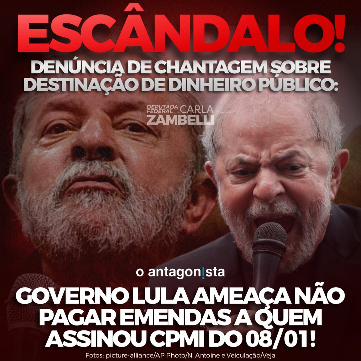 ZambelliCarla_'s tweet photo. O site @o_antagonista denuncia coação contra parlamentares que assinaram o requerimento da CPMI do 08/01.

O amigo @DepSanderson denunciou ter recebido informações de que emissários do gov lula estariam oferecendo R$ 60 milhões em emendas para quem retirasse a assinatura. https://t.co/X1VOrbhgAf