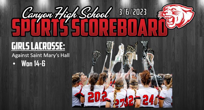 CanyonHS_ABC's tweet photo. Congratulations to the Girls Lacrosse Team With the BIG W Over Saint Mary’s Hall Tonight! Cougar Nation Proud! 🙌🏻🐾🥍 @CanyonLacrosse @AthleticsCanyon @canyonhscougars @DavissonDustin @CoachLeonardTX https://t.co/pRRgkny1px