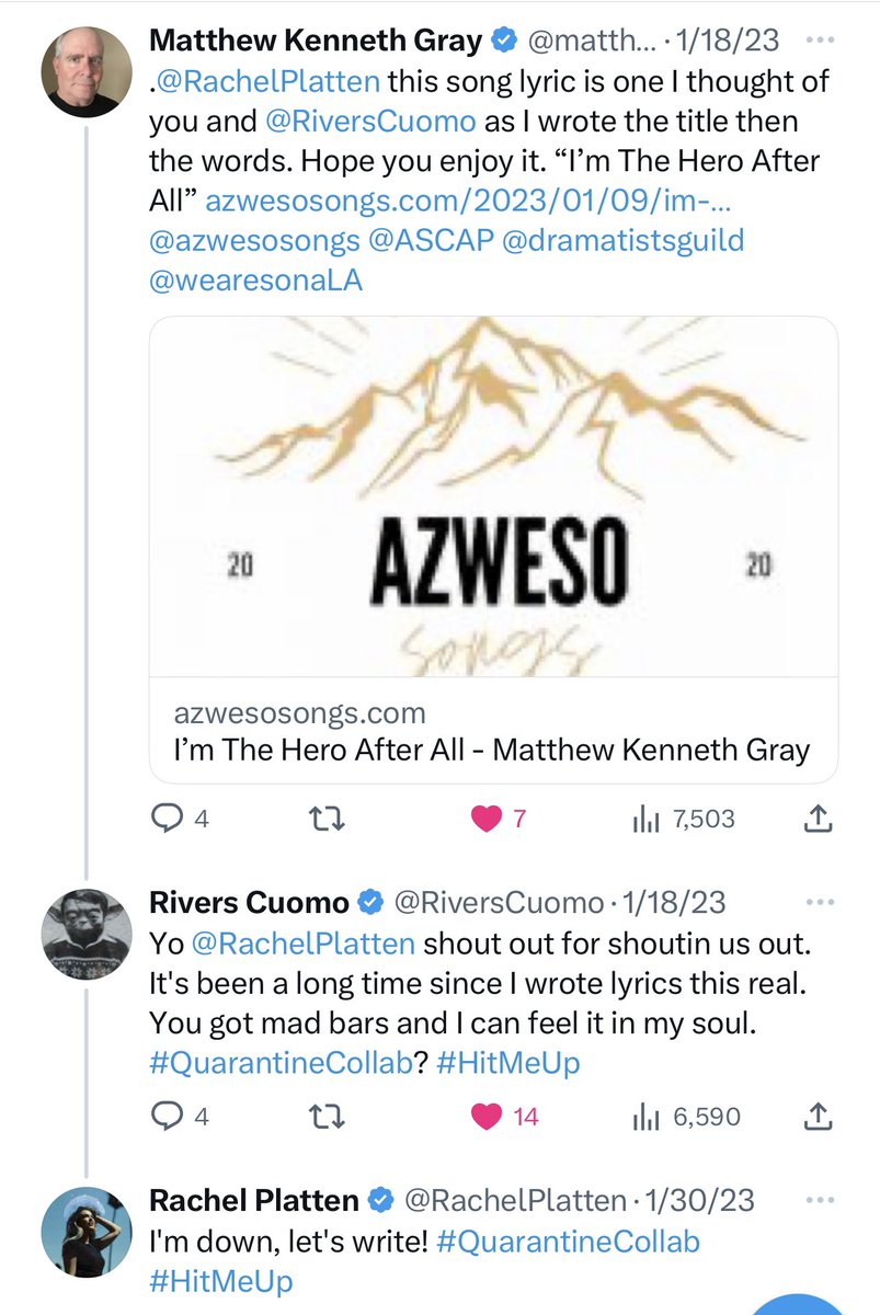 @RiversCuomo @elonmusk @RachelPlatten @Twitter .@RachelPlatten @RiversCuomo really hoping we can finish this thing we started here… #hitmeup #dreamcollab