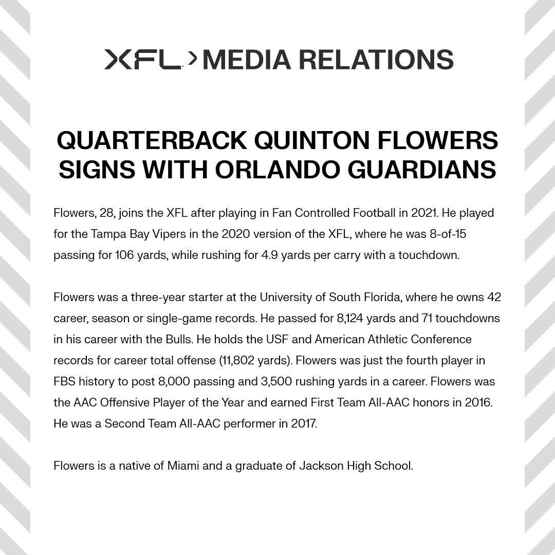 The XFL announced today that quarterback Quinton Flowers has signed with the Orlando Guardians.
