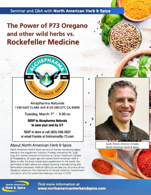 Don't forget! Tomorrow, March 7th at 3:30 pm in the Orcutt with #NorthAmericanHerbAndSpice

The first of many #lectures and #seminars coming to our store.

 #alchepharmanaturals #orcutt #events #herbalmedicine #herbalremedy #education 
 #healthfoodstore #vitaminstore