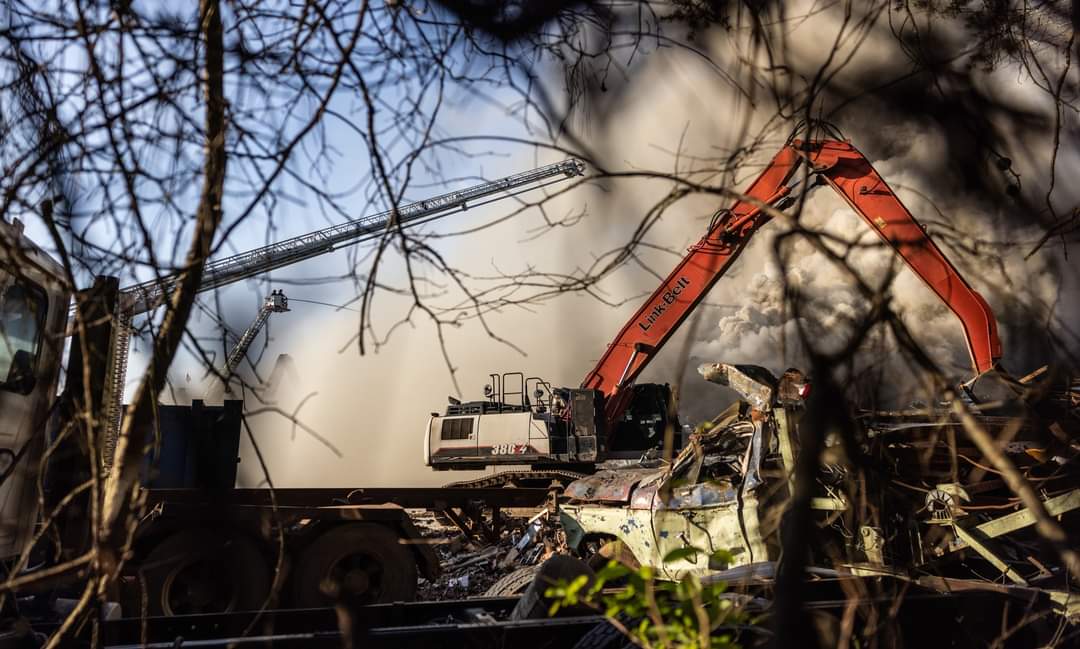A few photos from the scrap yard fire earlier. No injuries, and it was contained in around 2 hours. Great teamwork between the Charlotte Fire Department and the crane operators!