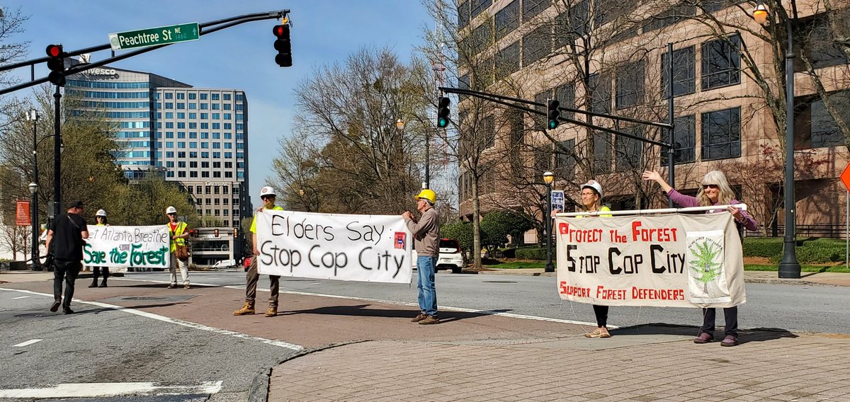 ThirdActVa's tweet photo. Elders in Atlanta allied with forest defenders showed up at Cop City's work sites & company offices to compel Brasfield & Gorrie to #dropCopCity. @ThirdActOrg @BXEAction #DefendAtlForest https://t.co/TmsRGhMjSv