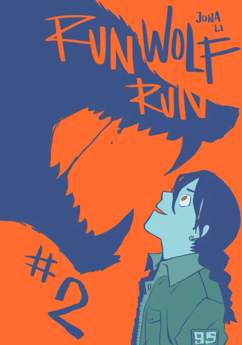 tc/af's coming closer and closer and i am very anxiously preparing for it--but heres a preview of Run Wolf Run part 2's cover!!! also will be riso printed, around 50 pages and debuts on april 28  