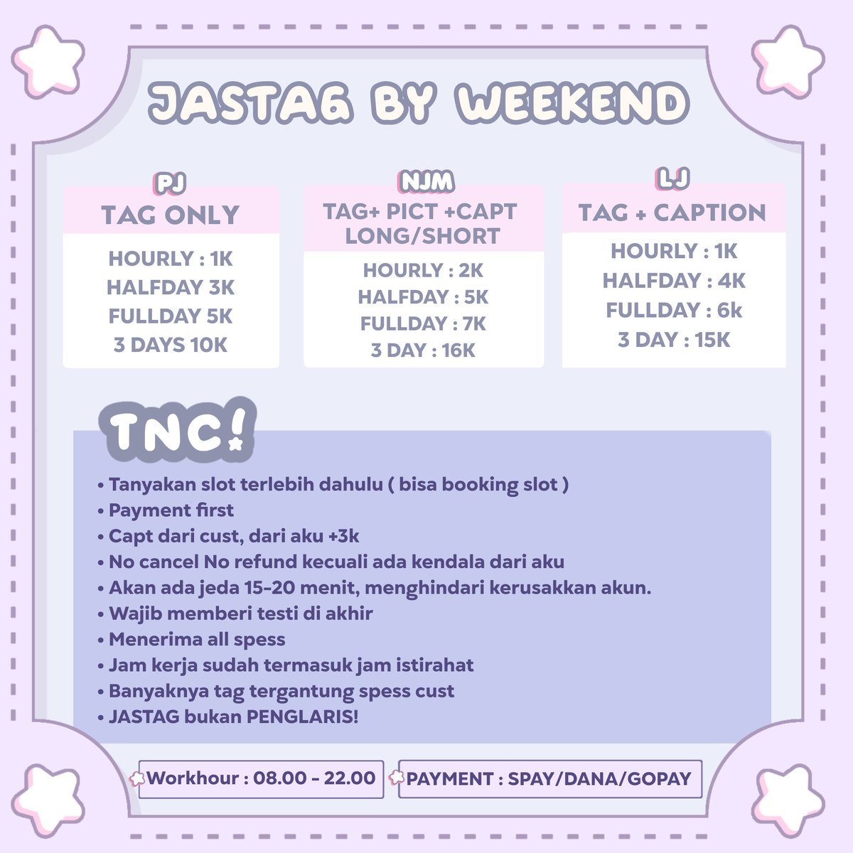 weekenddwork's tweet image. 𖥻 📓  ֢ ۫  welcome to the JASTAG BY WEEKEND, don't forget to re-read TnC and also the admin list so you don't get scammed. besides that you also have to look back at the format that will be given if there is an error.