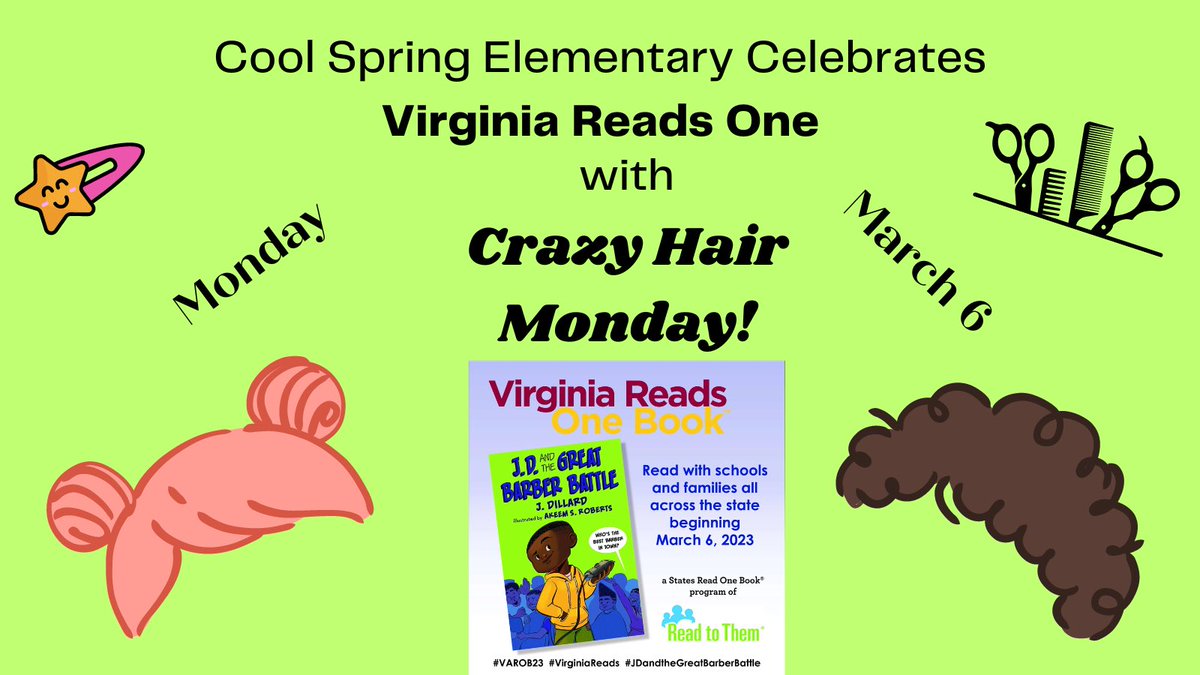 LIT4LifePCPS's tweet photo. Crazy Hair Day to celebrate the kick off of VA Reads One: J.D. and the Great Barber Battle! @CSCougars @jkelley3778 @SheilaMosby5 @krysthompkins11 @taqdaniels @pcpsELADiva https://t.co/lha4HwZqpj