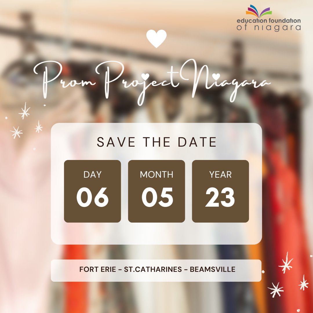 Prom Project Niagara - ๐ MAY 2024! (@promniagara) on Twitter photo ๐ฃ Mark Your Calendar For Saturday, May 6th! ๐ฃ
๐Locations In St.Catharines, Beamsville & Fort Erie
๐ Transportation Info & Time Launching After March Break
๐ฅฐ Donation Drop-Off Locations & Volunteer Sign-Up Form Launching Soon
๐ Sponsorship Inquiries? Contact efn@dsbn.org ๐ฃ Mark Your Calendar For Saturday, May 6th! ๐ฃ
๐Locations In St.Catharines, Beamsville & Fort Erie
๐ Transportation Info & Time Launching After March Break
๐ฅฐ Donation Drop-Off Locations & Volunteer Sign-Up Form Launching Soon
๐ Sponsorship Inquiries? Contact efn@dsbn.org