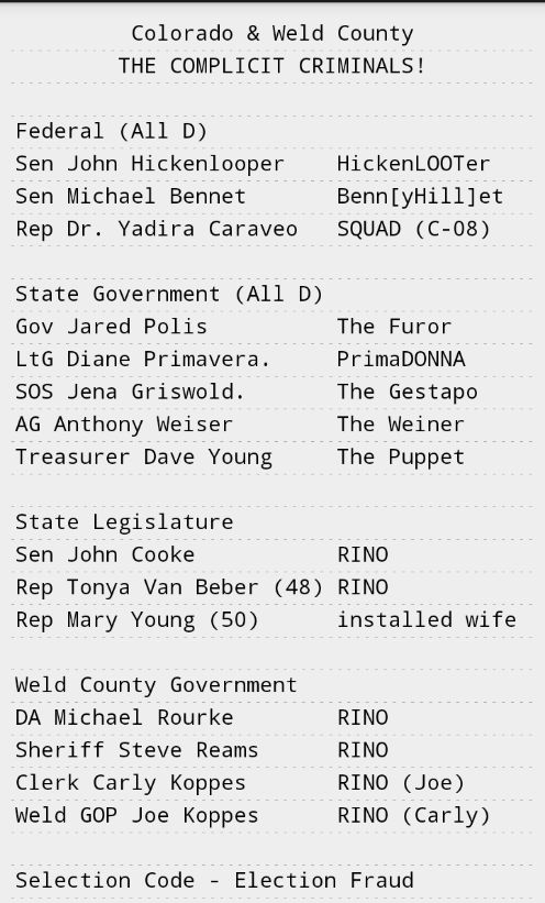 realDeaconDavid's tweet photo. @JenaGriswold 100% installed
Not a single elected official
#SelectionCode
And the only person you protect is your daddy @georgesoros our true chancellor
#Colorado is a foreign occupied state run by America hating domestic terrorists. The gold standard of Venezuela
#GestapoGriswold @WeldGOP https://t.co/bsUt2BA7MR