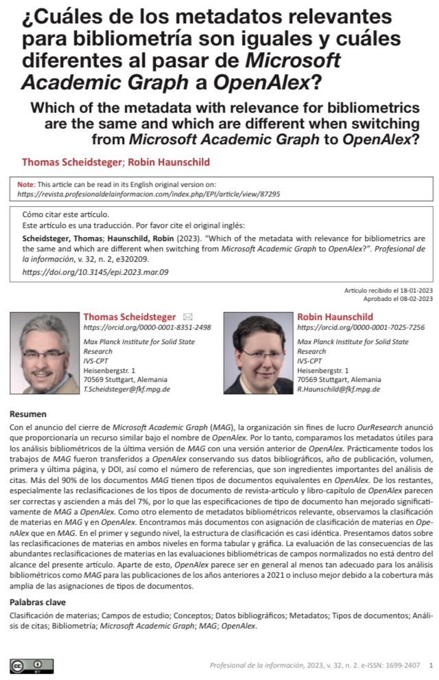 pedroisandretta's tweet image. Quais metadados relevantes para a Bibliometria são os mesmos e quais são diferentes ao passar do Microsoft Academic Graph para o OpenAlex? l (No fim, o OpenAlex é tão bom quanto o extinto Microsoft Academic Graph) #OpenAlex  #Bibliometria  revista.profesionaldelainformacion.com/index.php/EPI/…
