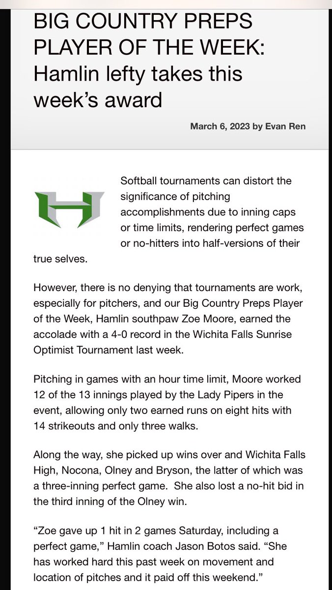 JasonBotos's tweet photo. BCG Player of the Week honors go to Hamlin’s own @zoe_moore11   Hard Work Pays off Kiddo!!!   Great job in the circle this week! You have a great Defense behind you, always trust!!! #1@aTIME @IsdHamlin @BigCountrySport @sportsfreaknut https://t.co/mdtNbbIuV0