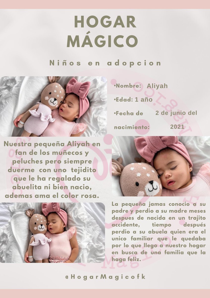 🌟Buenas noches estrellitas.

Hoy presentamos a   nuestra pequeña Aliyah, tiene 1 añito y busca una hermosa familia en donde ser feliz!

• Rt para difundir 🔁
• Interesados  al dm ✉

#FreeRol #HogarMagicoFk