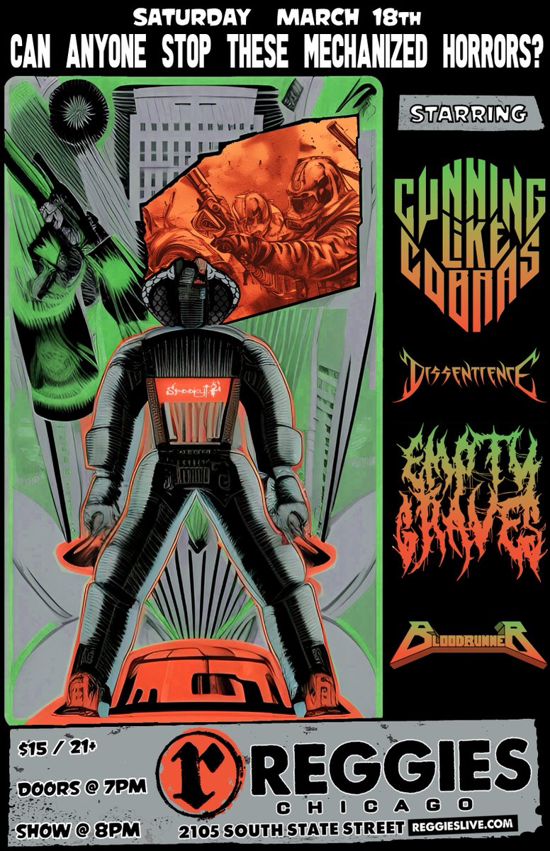 Don't miss Cunning Like Cobras and Dissentience in the Music Joint on March 18th with Empty Graves and Bloodrunner!

reggieslive.com/show/dissentie…