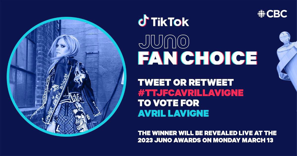 🔥🔥🔥 NEW CRAZY GOAL: 25,000 replies

Vote for <a href="/AvrilLavigne/">Avril Lavigne</a> to win #TikTokJUNOFanChoice by replying to this tweet with #TTJFCAvrilLavigne. 🏆

 ❤️‍🔥 1 reply with tag = 1 vote ❤️‍🔥

Use Avril’s hashtag in every tweet &amp; vote 1000x a day on TikTok at junofanchoice.ca