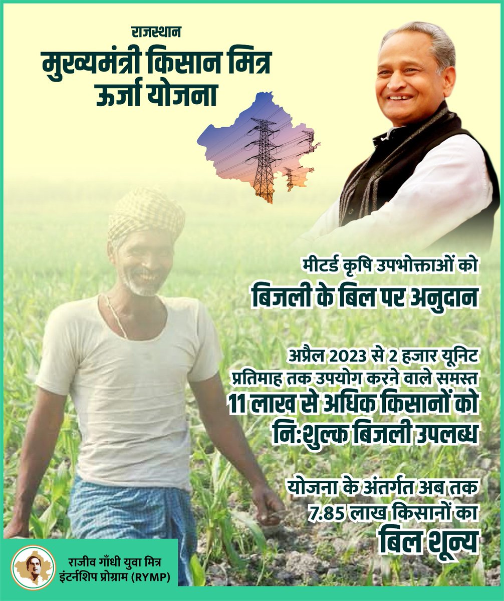 SUNNyKatariya21's tweet photo. राजस्थान कृषि के भविष्य को सशक्त बनाती मुख्यमंत्री किसान मित्र ऊर्जा योजना, 11 लाख किसानों को मुफ्त बिजली |
.
.
.
- @RympRajasthan 
- @RepeatSarkar 

#RympRajasthan #RepeatSarkar #Kishan #RajasthanBudget2023 #Rajasthan @ashokgehlot51 @_lokeshsharma https://t.co/VzdeRg8R7D
