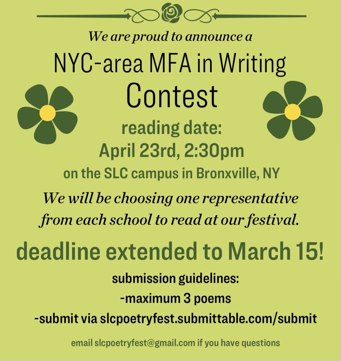 slcpofest's tweet photo. ✏️ PSA: deadline extension!

You now have until March 15th to submit your works for consideration. Find the link in our bio. Happy writing! #writingcontest #nyc https://t.co/yRobkFSxkH