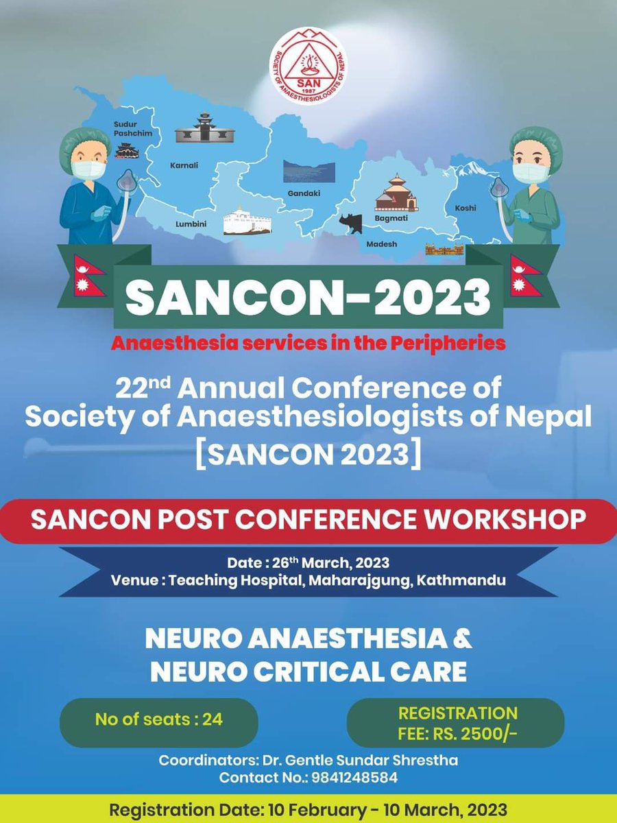 sachitrupakheti's tweet photo. Workshop on Neuro Anesthesia and Neuro critical care..Hurry up and reserve your seat!!
Highlights
1. Case based discussion on highly academic topics in Neuro anesthesia and Neuro critical care
2. Small groups comprising of 6 participants with interactive sessions @SAN_Anesthesia https://t.co/Cs5khCPNHm