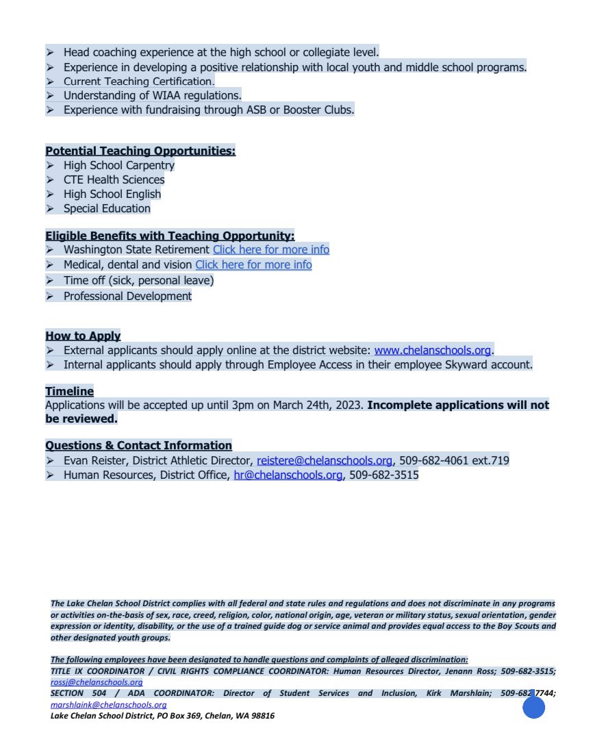 We are hiring! 
The Lake Chelan School District needs teachers…
And
A
Head Football Coach!