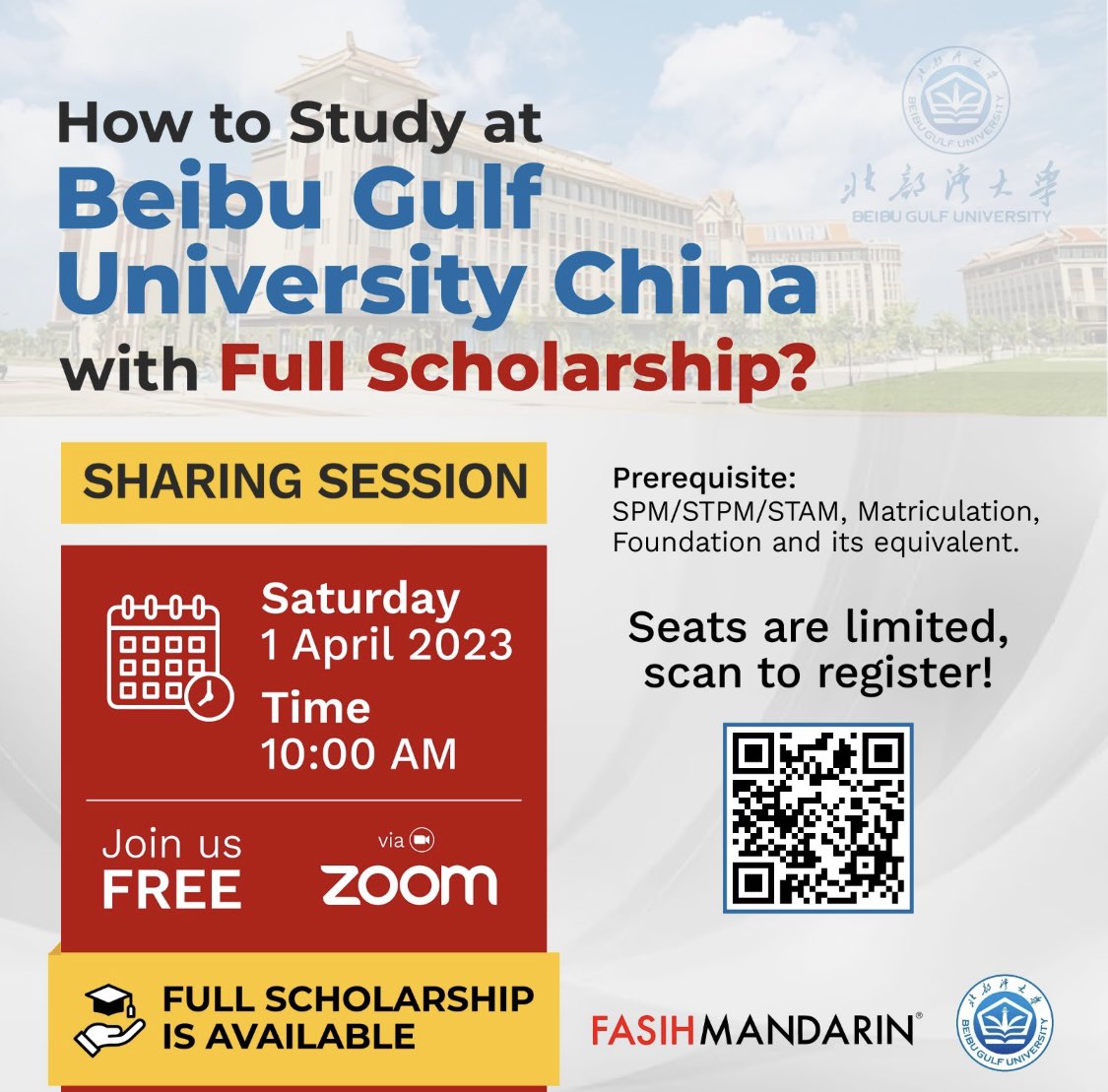 fasihmandarin1's tweet photo. Let's hear from the university itself how to get FULLY sponsored Bachelor's Degree Program in China, including English-taught major.

The sharing session will be on 1 April 2023 (Saturday) at 10 am via ZOOM https://t.co/58vpxLN2iQ