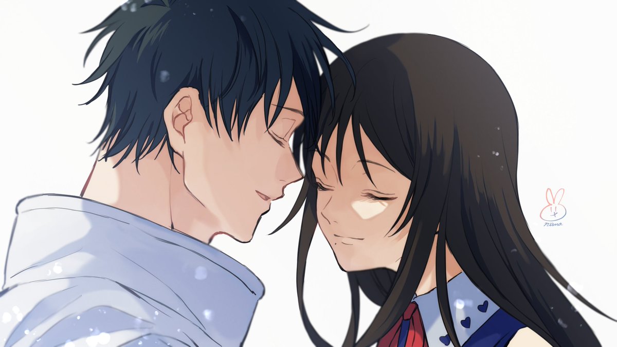 1girl 1boy closed eyes black hair long hair smile heads together  illustration images