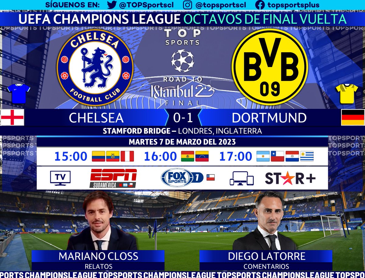 UEFA #ChampionsLeague 🏆 Octavos de Final Vuelta
🏴󠁧󠁢󠁥󠁮󠁧󠁿 #Chelsea - #BorussiaDortmund 🇩🇪

🎙️ Relatos: Mariano Closs
🎙️ Comentarios: @dflatorre 

#⃣  #CHAMPIONSxESPN #CHAMPIONSxFOX #ESPNenStarPlus - #UCL
🖥️ ESPN Sudamérica ❌🇨🇱🇦🇷
🖥️ FOX Sports 1 🇨🇱
📱💻 ST★R+
🔃❤️