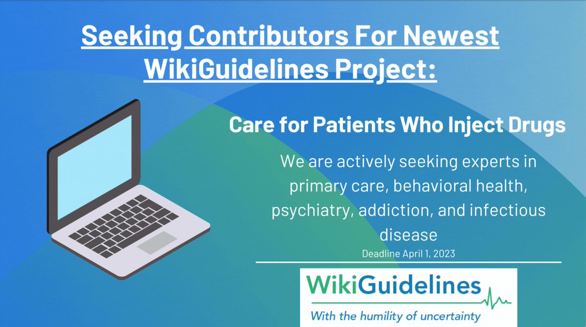Wiki_Guidelines's tweet image. Seeking contributors for a new #WikiGuideline project – Care of Patients Who Inject Drugs (#PWID). Come be part of our team and help improve the care of these marginalized patients. Sign up here by 4/1/23: forms.office.com/r/Tyb8R0iM8X
@NNolanMD @rachelpbaden
#SUD #PWUD #Addiction