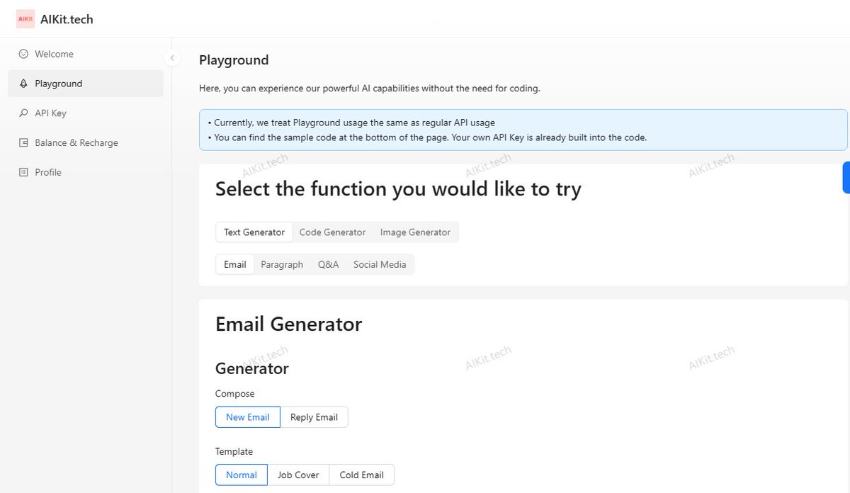 aikit_tech's tweet image. The beta version is now accessible. the Landing Page is not ready yet.
Get advanced #AI in your app with just one line of AIKit #API code.
dashboard.aikit.tech