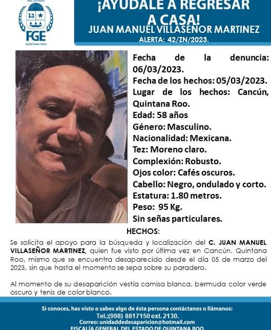 cancunaldi2's tweet photo. #FGEQuintanaRoo #SeBusca 
🚨𝘈𝘺ú𝘥𝘢𝘯𝘰𝘴 𝘢 𝘌𝘯𝘤𝘰𝘯𝘵𝘳𝘢𝘳𝘭o: 𝙅𝙪𝙖𝙣 𝙈𝙖𝙣𝙪𝙚𝙡 𝙑𝙞𝙡𝙡𝙖𝙨𝙚ñ𝙤𝙧🔍
🙏🏼¡𝑪𝒐𝒏𝒕𝒂𝒎𝒐𝒔 𝑪𝒐𝒏𝒕𝒊𝒈𝒐!🙏🏼
#Comenta #Comparte #cancun
https://t.co/4cwy3BBVOm https://t.co/4TMoEtlVZK