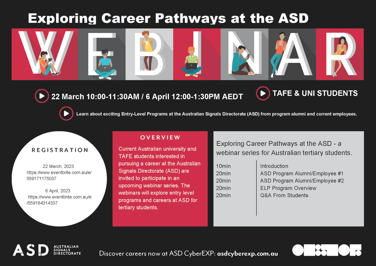 LifeJourney Australia (@dayofstem) on Twitter photo Excited to announce a set of webinars for Australian tertiary students that will explore the entry-level pathways into a rewarding career protecting Australia with <a href="/ASDGovAu/">Australian Signals Directorate</a>
22 March eventbrite.com.au/e/559171175037
6 April
eventbrite.com.au/e/559184314337 Excited to announce a set of webinars for Australian tertiary students that will explore the entry-level pathways into a rewarding career protecting Australia with <a href="/ASDGovAu/">Australian Signals Directorate</a>
22 March eventbrite.com.au/e/559171175037
6 April
eventbrite.com.au/e/559184314337