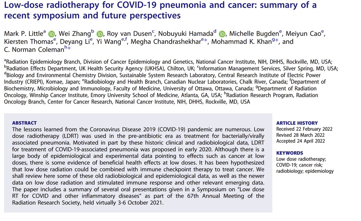 IntJRadBiol's tweet photo. Low-dose radiotherapy for COVID-19 pneumonia and cancer: summary of a recent symposium and future perspectives https://t.co/1VpaB1Y8nq

#radiotherapy #covid19 #cancer #risk #ijrb #radiation #research #epidemiology https://t.co/rOCka8ibWz