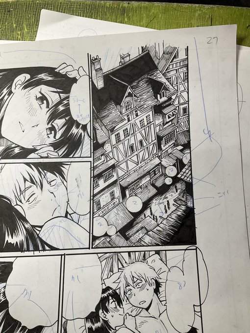 この期に及んでまだめんどくさい背景があったか。実はこの後丸々1ページ都市俯瞰図がある…夜景だからだいぶ誤魔化せれるけど。〆切は今日いっぱい。 