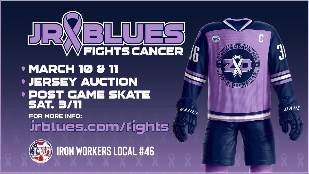 Jr_Blues's tweet photo. Join us for #JrBluesFightsCancerWeekend where we will be auctioning off specialty jerseys with proceeds going the American Cancer Society! 

Don’t forget our post game skate with the team in these amazing jerseys! https://t.co/c8gBOdbr8L