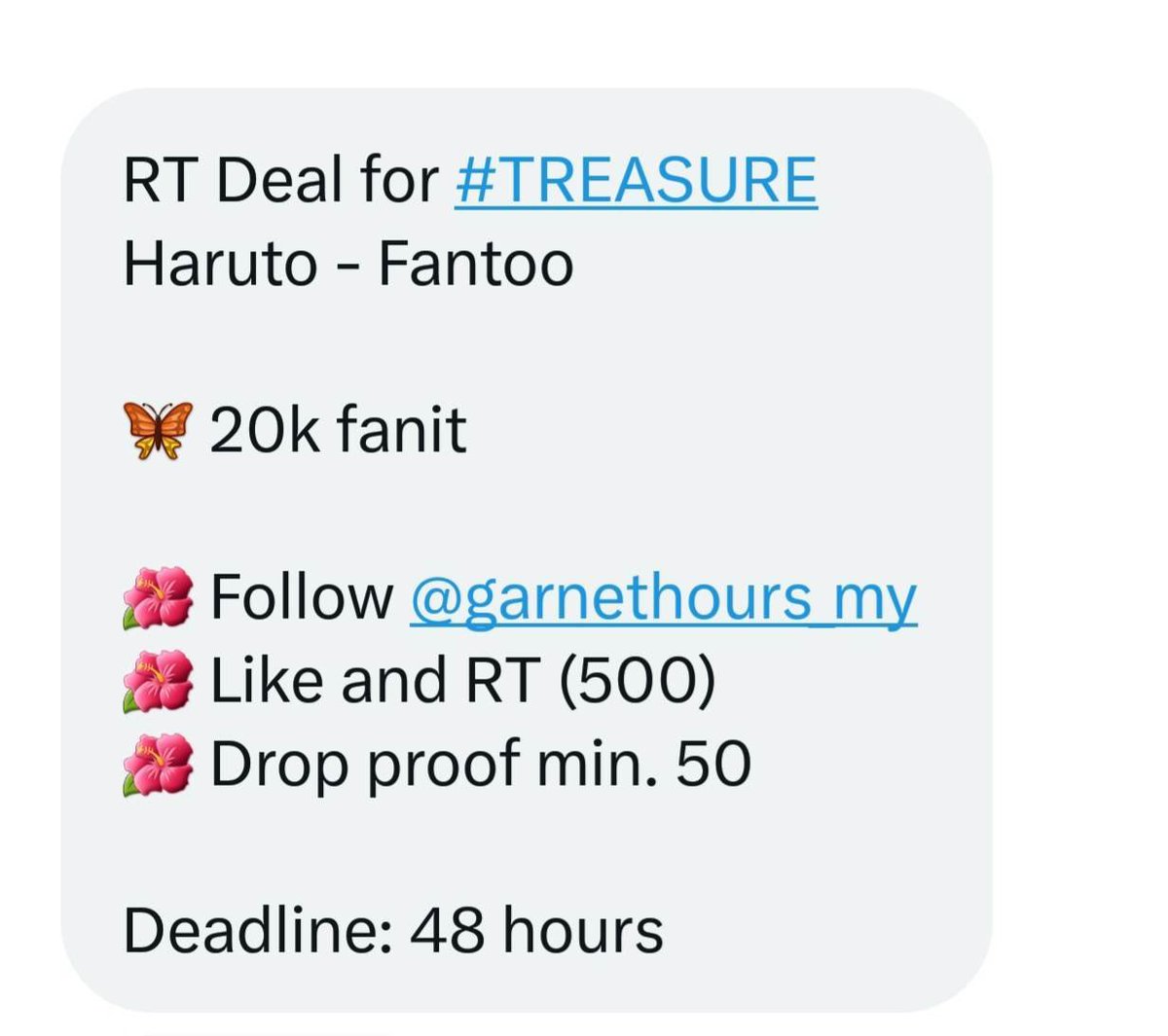 04_hjw's tweet photo. FANTOO DEAL FOR HARUTO (20k 🍀)
• 500 likes and rt
• follow @garnethours_my
• drop 50 proofs
— fantoo poll ends tmrw pls help
KAY HARUTO ANG BOTO #HARUTODEALS
#HARUTO #하루토@treasuremembers
Please help rt & like, thank you! https://t.co/A9at7TQiWM