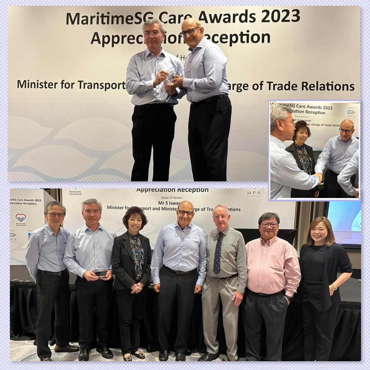 Our chaplain, Toh Soon Kok, proudly receiving a Maritime and Port Authority of Singapore MaritimeSG Care Award 2023 last week on behalf of the Mission to Seafarers Singapore (MtSS), from Singapore’s Minister for Transport, Mr. S Iswaran.

More detail at: 
mtss.org.sg/maritimesg-car…