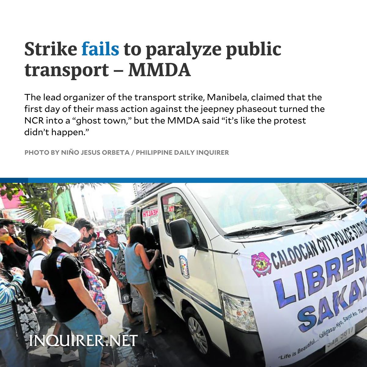 inquirerdotnet's tweet photo. Malacañang said the strike “failed to disrupt the normal public transport operations” particularly in Metro Manila and nearby areas, with the government “efficiently responding” to serve the commuting public.

READ: https://t.co/412csV1FM5 https://t.co/peyri9cgVW