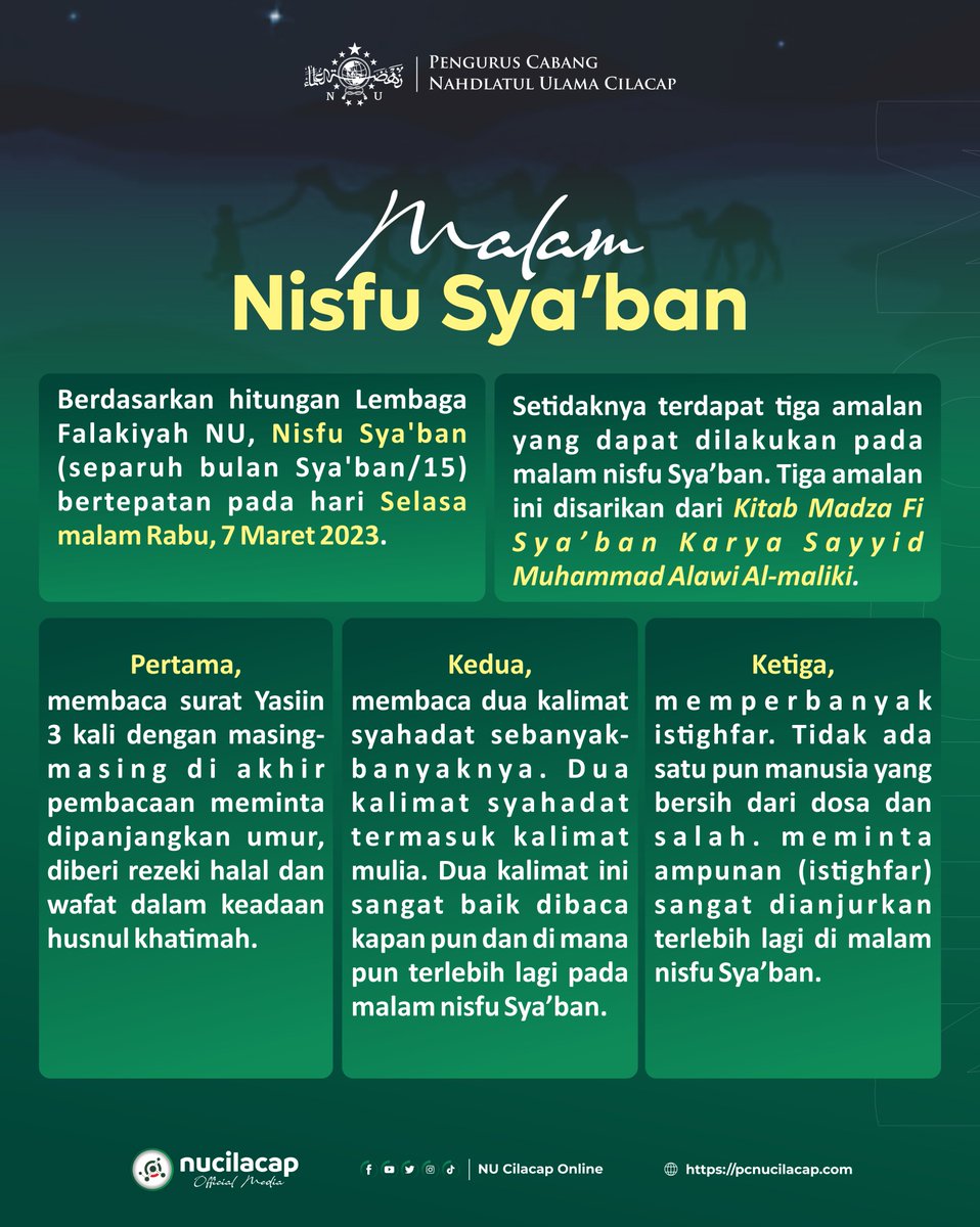 Semoga kita termasuk orang yang menghidupkan malam nisfu Sya’ban dengan memperbanyak do’a, membaca dua kalimat syahadat, istighfar, dan kalimat mulia lainnya.
#nisfusyaaban #syaban #Nahdlatululama #pcnucilacap #nucilacap #nucilacaponline #ramadhan1444