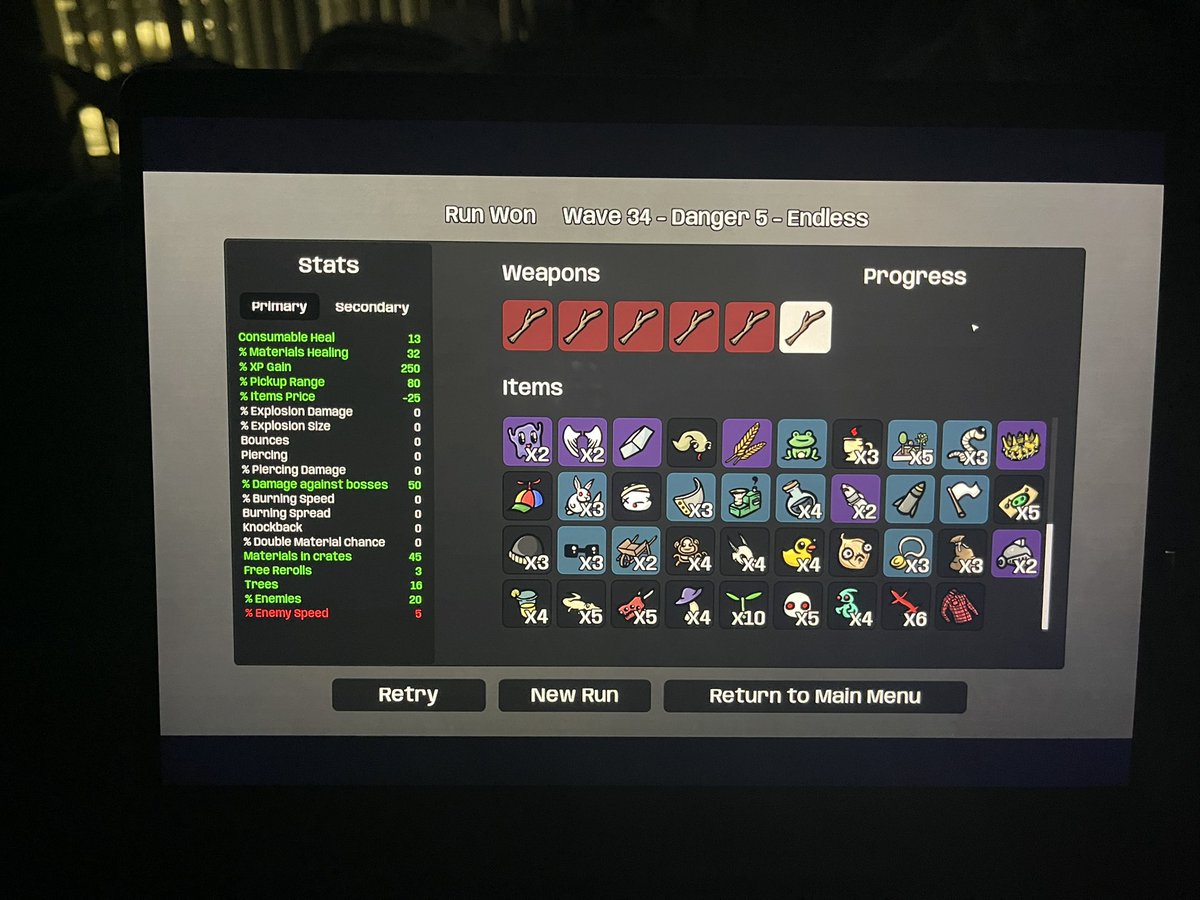 Beck_Ethan's tweet photo. @RetromationYT last run. Hit tier 5 dub on all characters, wrapping up with one of the strongest builds I’ve had. Time to move on, I’ve played too much. Who knew sticks were the 🔑 https://t.co/txpT7vkmIa