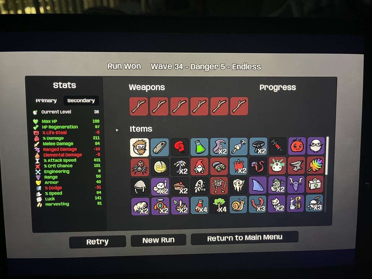 Beck_Ethan's tweet photo. @RetromationYT last run. Hit tier 5 dub on all characters, wrapping up with one of the strongest builds I’ve had. Time to move on, I’ve played too much. Who knew sticks were the 🔑 https://t.co/txpT7vkmIa