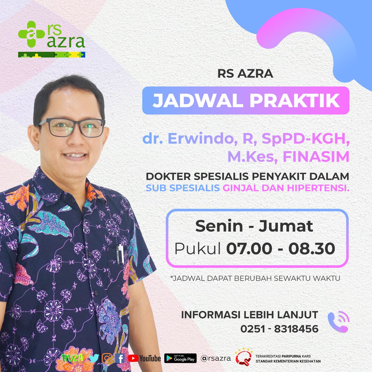 Keluarga Azra ada keluhan seputar ginjal dan hipertensi, yuk simak jadwal berikut untuk konsultasi🤗
.
RS AZRA Cepat . Ramah . Berkualitas.
.
#jadwalpraktek #dokterspesialispenyakitdalam #subspesialisginjal

<a href="/bogordaily/">Vardaily</a>