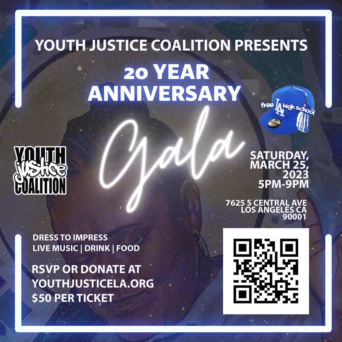SAVE THE DATE-YJC 20 Year Anniversary Gala! ✨✨Celebrate two decades of Movement Building with the Youth Justice Coalition, FREE LA High School, and Chuco’s Justice Center family! 🖤🤎 

🗓️ Saturday, March 25 5:00PM-9:00PM at Chuco’s📍

RSVP: bit.ly/yjc20years

#YJC20 🥳
