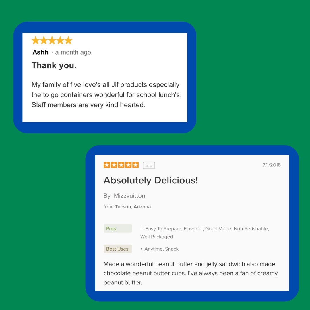 Want to know what fellow Jif fans are saying about Jif products? Read some of these customer reviews to find out!
#jif #jifpeanutbutter #ThatJifingGood #yum #delicious #peanutbutter #peanutbutterlover #review #jifreview #customerreview